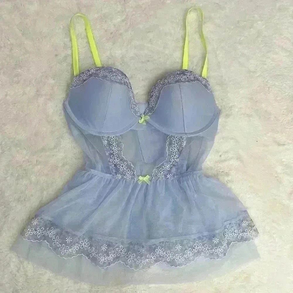 Victoria's Secret Fairycore Babydoll Embroidered Teddy Chemise Lingerie Blue - Picture 2 of 12